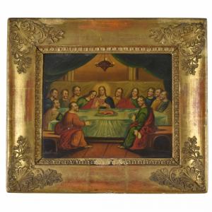 „Posledná večera“, 19. storočie , Olejomaľba na plechu, Biedermeier rám, rozmery s rámom 27 x 23 cm, nálezový stav, znaky veku a opotrebenia.