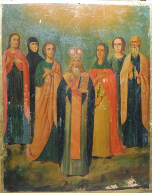 Sv. Mikuláš a šestica svätcov / Ortodoxná ikona 19. st.
